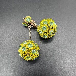 Vintage Clip On Earrings 1960s Flower Power Yellow Green Floral Dangle Drop Ball
